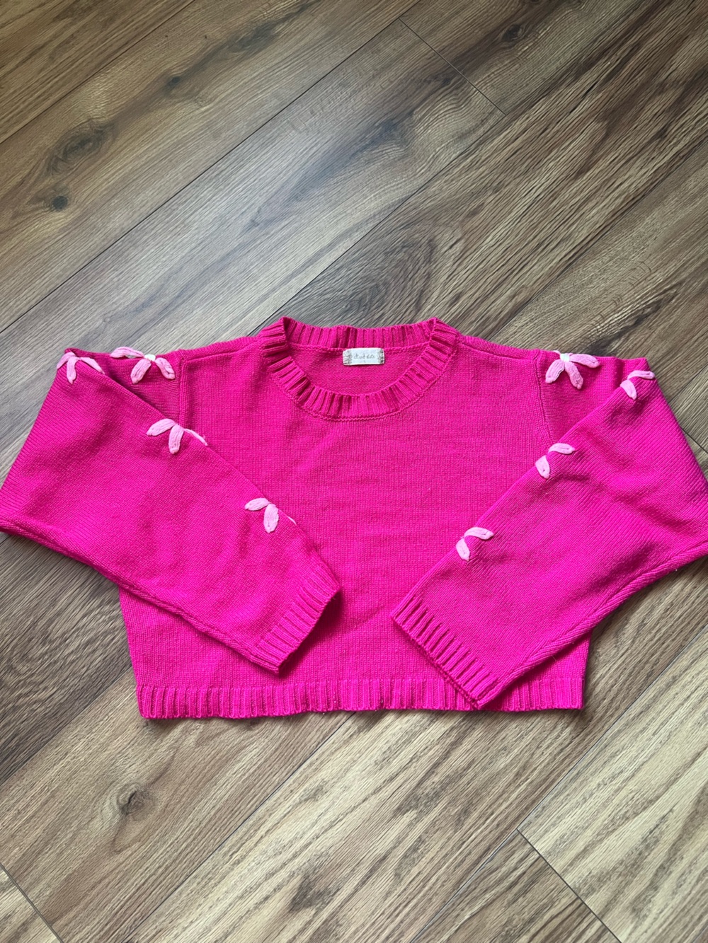 Altar'd State Hot Pink Cropped Sweater 3D Knit Flower Sleeve Detail Cute Small